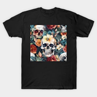 Watercolor Flower Skull Pattern T-Shirt
